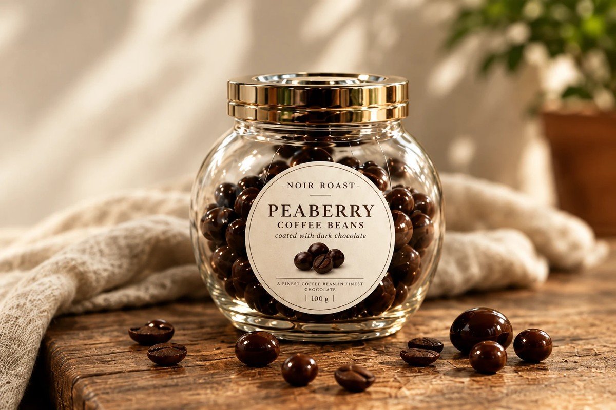 Single glass jar of peaberry coffee beans