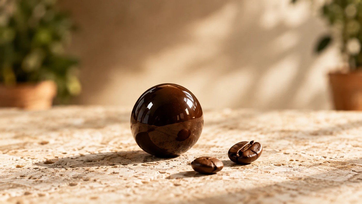 A single glossy chocolate-coated peaberry beside two roasted coffee beans